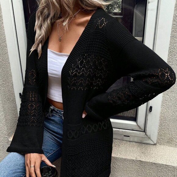 Black Casual Women's Hollow Out Design Cardigan - Picture 6 of 7